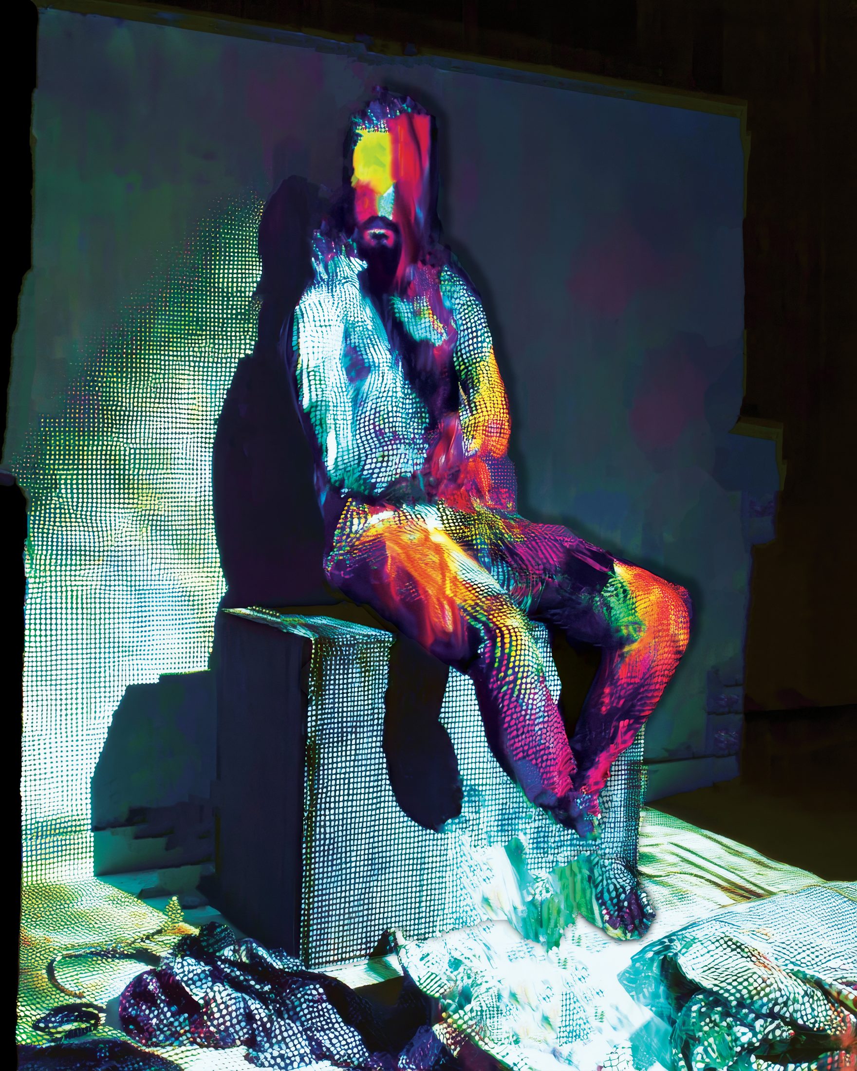 disarray — seated figure fractured through halftone and channel-split colour
