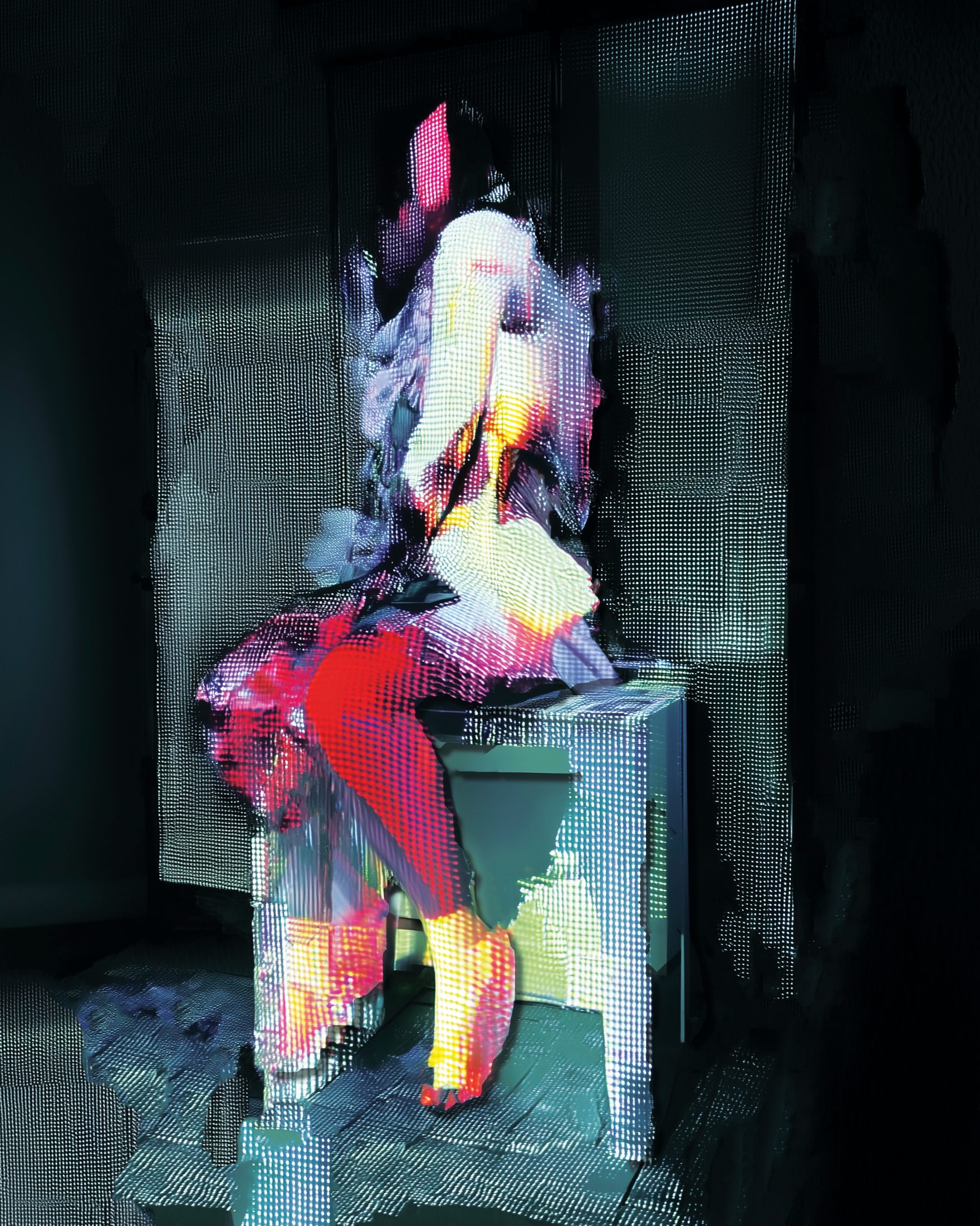 still here — dim figure held together by the dot-screen in near-darkness